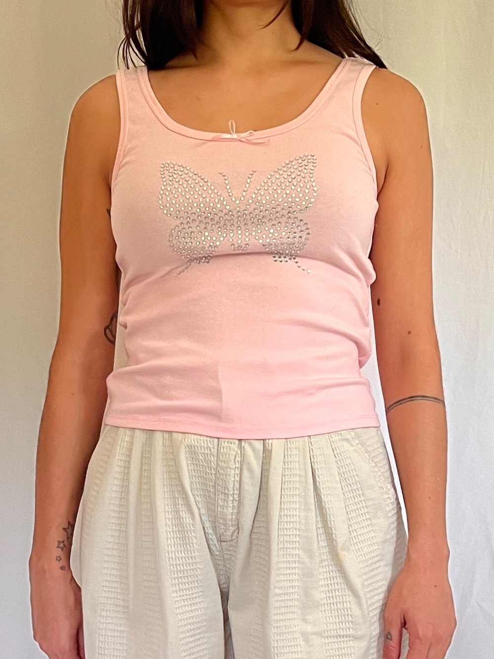 BP Baby Pink Rhinestone Butterfly Embellished Ribbed Tank Top